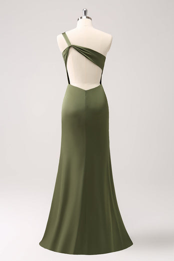 Olive Mermaid One Shoulder Backless Satin Long Bridesmaid Dress