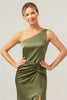 Load image into Gallery viewer, Olive Mermaid One Shoulder Backless Satin Long Bridesmaid Dress