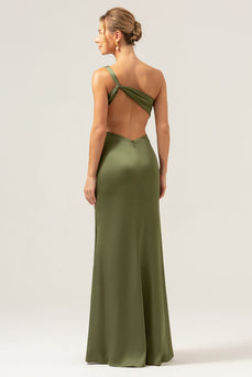 Olive Mermaid One Shoulder Backless Satin Long Bridesmaid Dress