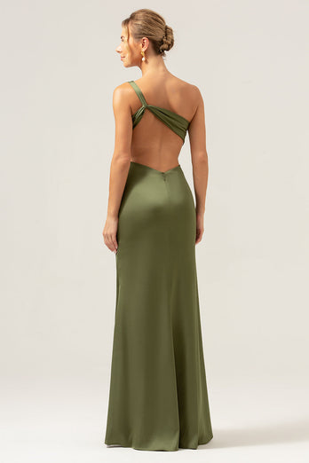 Olive One Shoulder Mermaid Satin Long Bridesmaid Dress