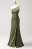 Load image into Gallery viewer, Olive One Shoulder Mermaid Satin Long Bridesmaid Dress