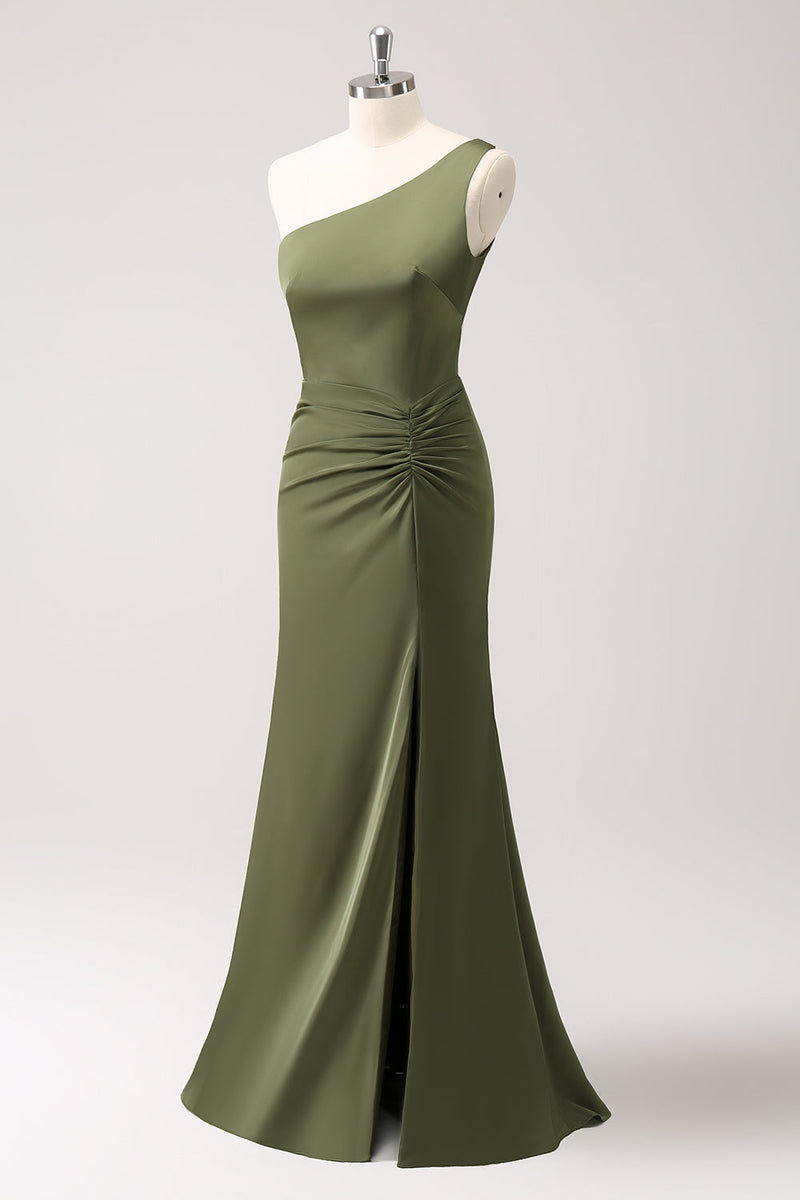 Load image into Gallery viewer, Olive One Shoulder Mermaid Satin Long Bridesmaid Dress