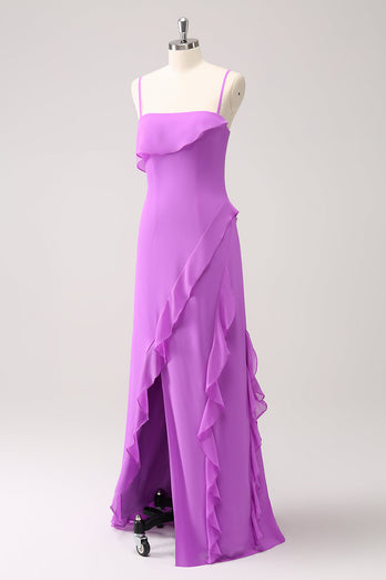 Tahiti Ruffle Spaghetti Straps Chiffon Long Bridesmaid Dress with Slit