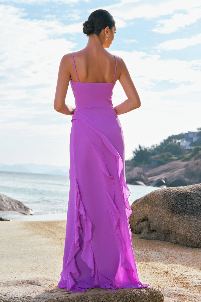 Load image into Gallery viewer, Tahiti Ruffle Spaghetti Straps Chiffon Long Bridesmaid Dress with Slit