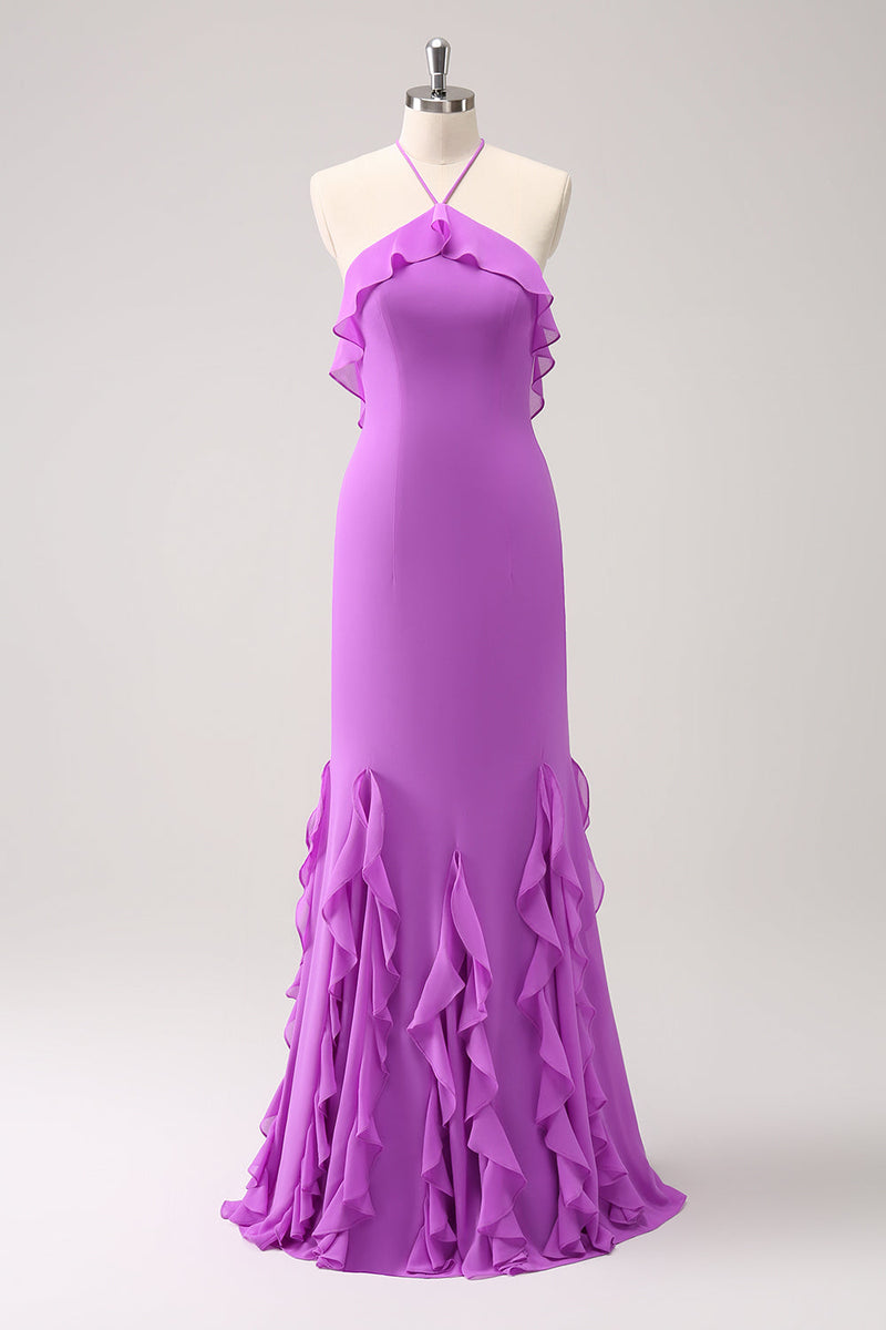 Load image into Gallery viewer, Tahiti Mermaid Halter Ruffle Chiffon Long Bridesmaid Dress