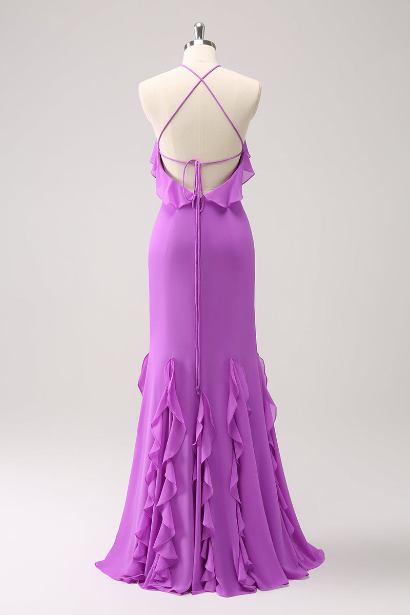 Load image into Gallery viewer, Tahiti Mermaid Halter Ruffle Chiffon Long Bridesmaid Dress