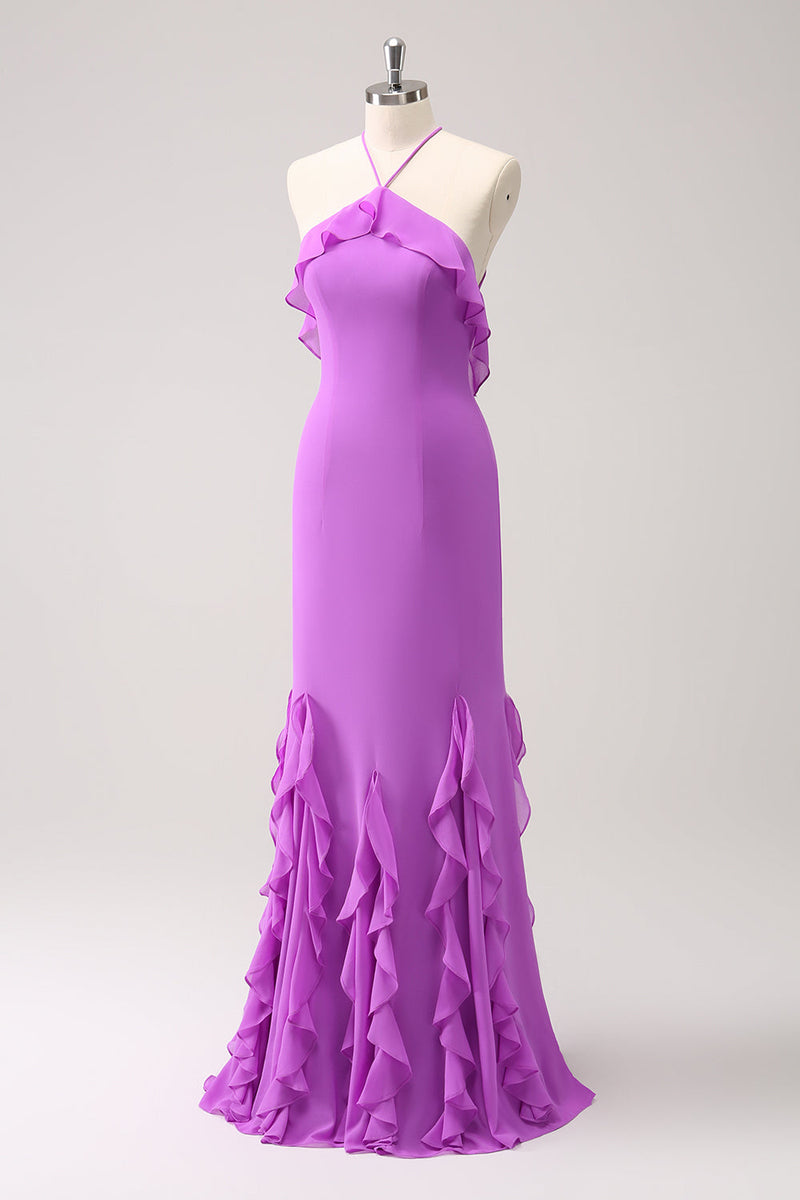 Load image into Gallery viewer, Tahiti Mermaid Halter Ruffle Chiffon Long Bridesmaid Dress