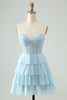 Load image into Gallery viewer, Light Blue A Line Sweetheart Tiered Short Graduation Dress with Appliques