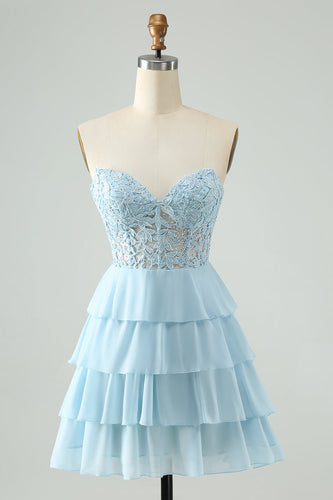 Light Blue A Line Sweetheart Tiered Short Graduation Dress with Appliques