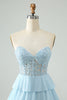 Load image into Gallery viewer, Light Blue A Line Sweetheart Tiered Short Graduation Dress with Appliques