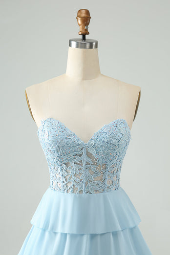 Light Blue A Line Sweetheart Tiered Short Graduation Dress with Appliques