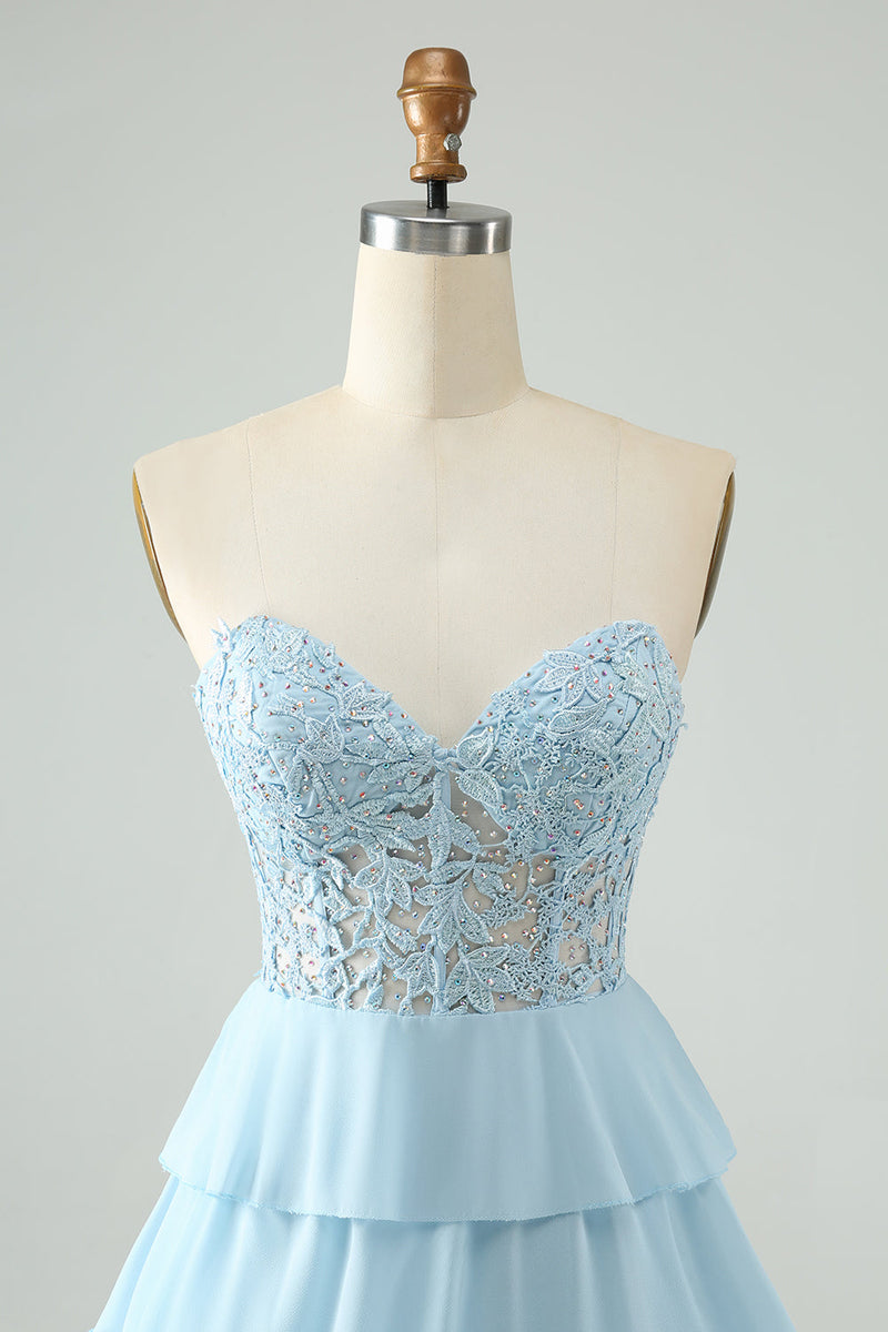 Load image into Gallery viewer, Light Blue A Line Sweetheart Tiered Short Graduation Dress with Appliques