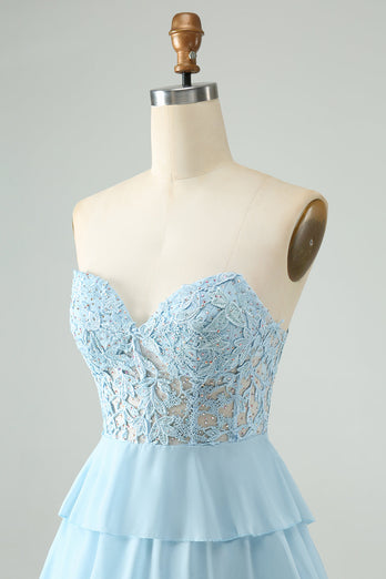 Light Blue A Line Sweetheart Tiered Short Graduation Dress with Appliques