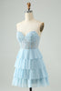 Load image into Gallery viewer, Light Blue A Line Sweetheart Tiered Short Graduation Dress with Appliques