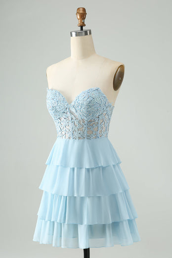 Light Blue A Line Sweetheart Tiered Short Graduation Dress with Appliques