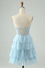 Load image into Gallery viewer, Light Blue A Line Sweetheart Tiered Short Graduation Dress with Appliques