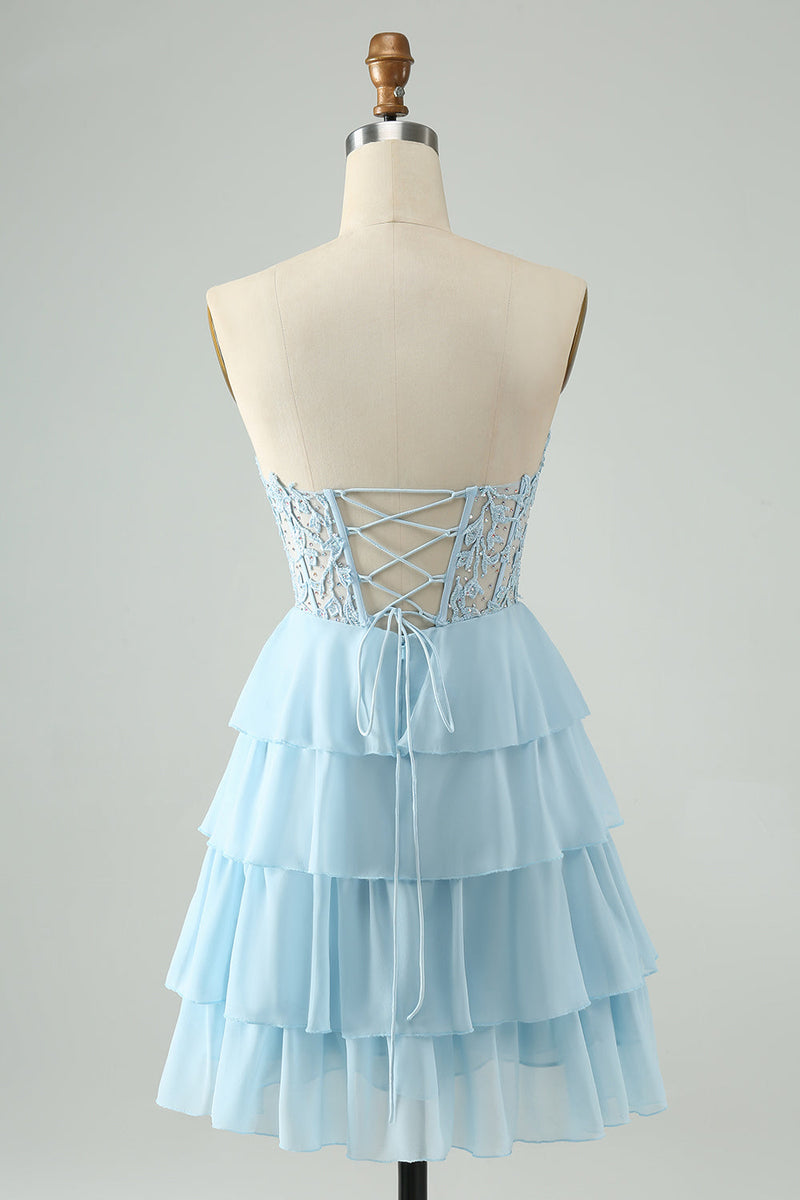 Load image into Gallery viewer, Light Blue A Line Sweetheart Tiered Short Graduation Dress with Appliques