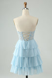 Light Blue A Line Sweetheart Tiered Short Graduation Dress with Appliques