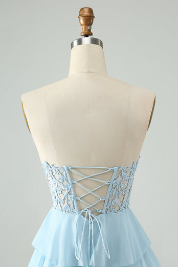 Light Blue A Line Sweetheart Tiered Short Graduation Dress with Appliques