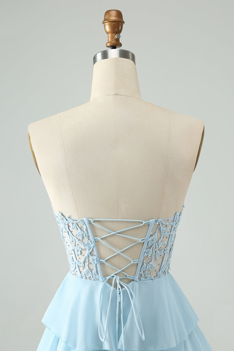 Load image into Gallery viewer, Light Blue A Line Sweetheart Tiered Short Graduation Dress with Appliques