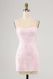Sparkly Pink Spaghetti Straps Tight Short Graduation Dress with Lace-up Back