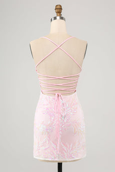 Pink Spaghetti Straps Bodycon Homecoming Dress with Criss Cross Back
