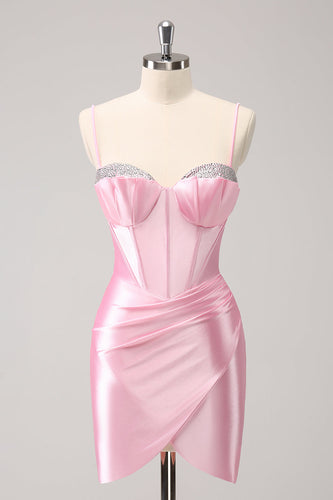 Sparkly Pink Spaghetti Straps Tight Graduation Dress with Beading