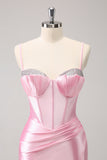 Sparkly Pink Spaghetti Straps Tight Graduation Dress with Beading
