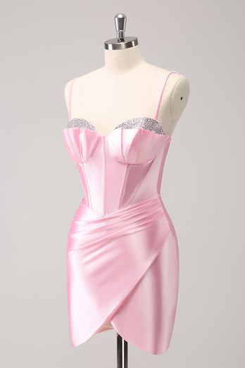 Sparkly Pink Spaghetti Straps Tight Graduation Dress with Beading