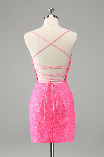 Glitter Hot Pink Bodycon Spaghetti Straps Sequins Short Graduation Dress