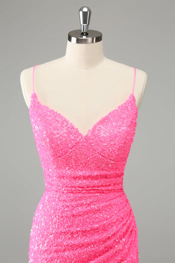 Glitter Hot Pink Bodycon Spaghetti Straps Sequins Short Graduation Dress