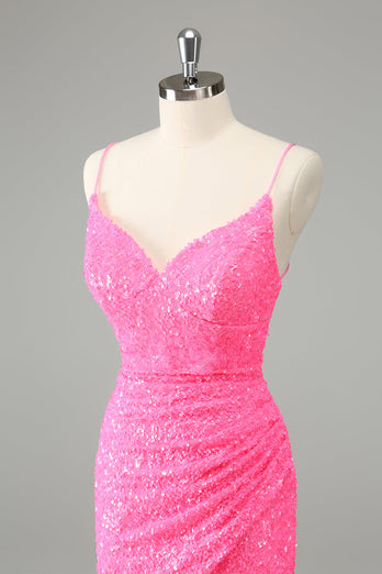 Glitter Hot Pink Bodycon Spaghetti Straps Sequins Short Graduation Dress