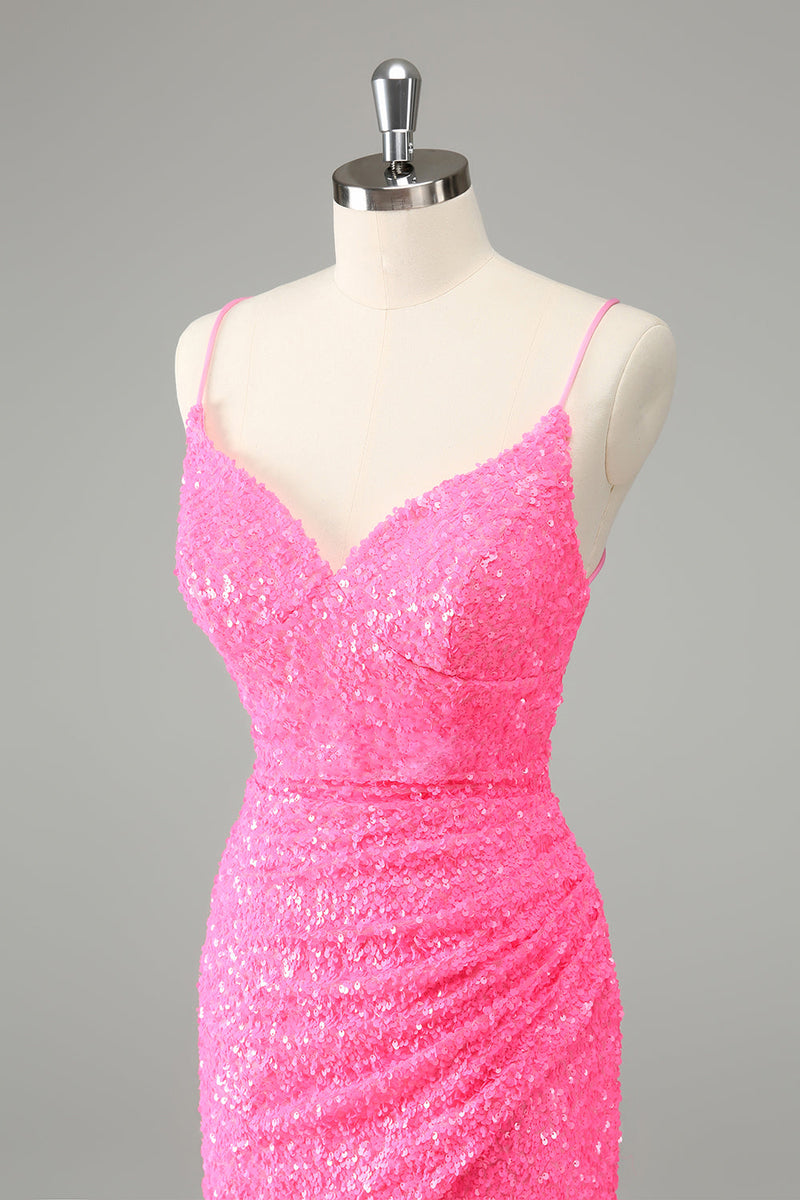 Load image into Gallery viewer, Glitter Hot Pink Bodycon Spaghetti Straps Sequins Short Graduation Dress