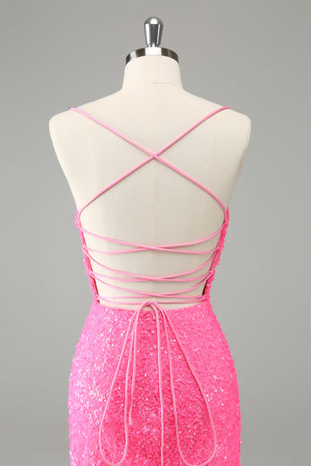 Glitter Hot Pink Bodycon Spaghetti Straps Sequins Short Graduation Dress