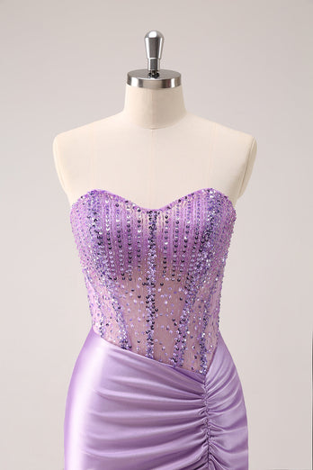 Lilac Strapless Sequins Corset Ruched Tight Graduation Dress