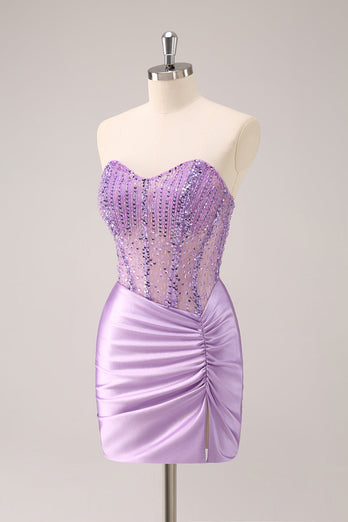 Lilac Strapless Sequins Corset Ruched Tight Graduation Dress