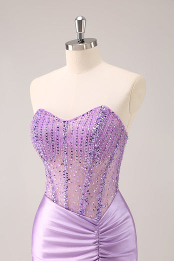 Lilac Strapless Sequins Corset Ruched Tight Graduation Dress