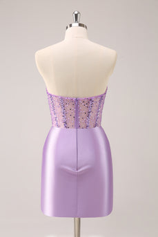 Lilac Strapless Sequins Corset Ruched Tight Graduation Dress