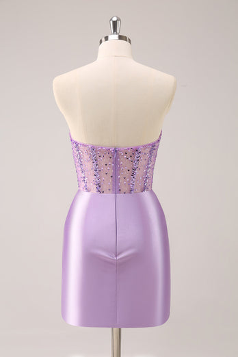 Lilac Strapless Sequins Corset Ruched Tight Graduation Dress