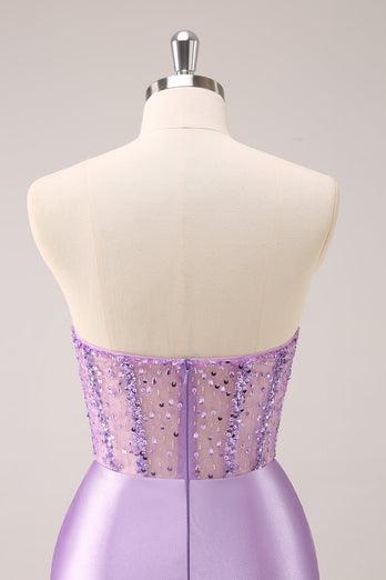 Lilac Strapless Sequins Corset Ruched Tight Graduation Dress