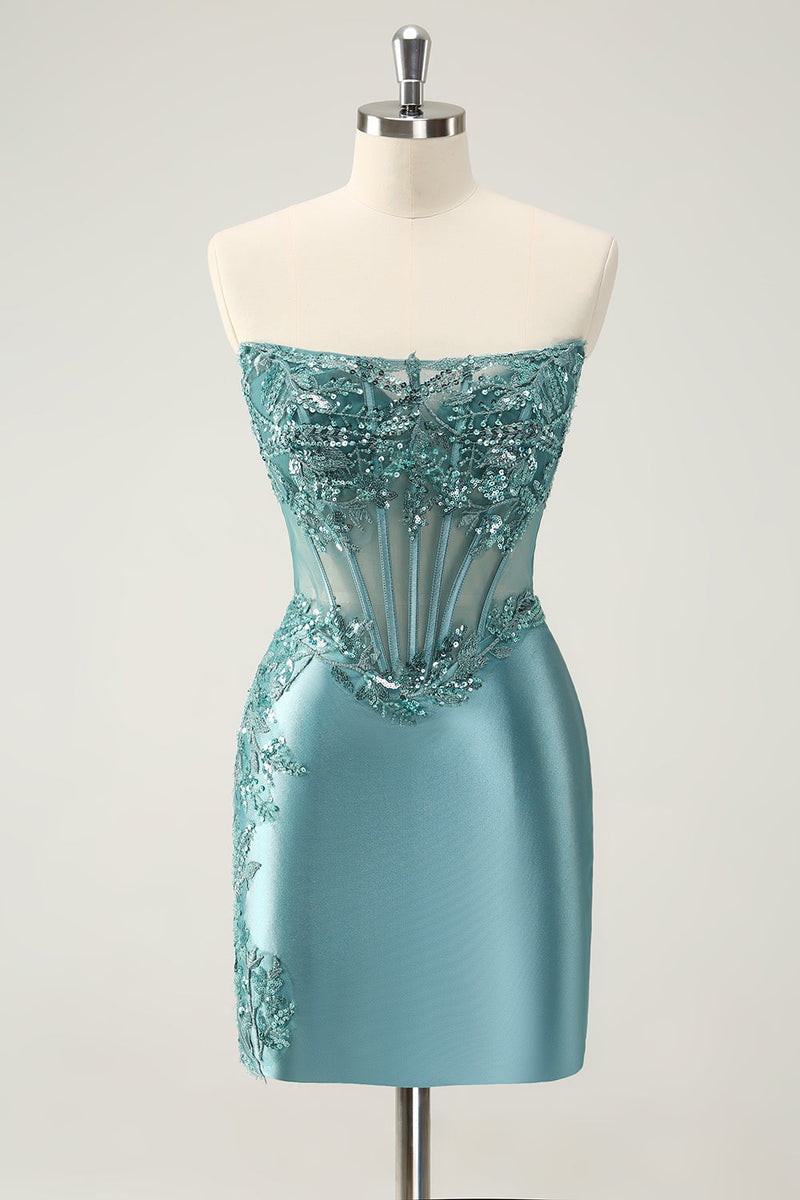 Load image into Gallery viewer, Glitter Peacock Bodycon Strapless Corset Appliques Graduation Dress