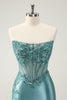 Load image into Gallery viewer, Glitter Peacock Bodycon Strapless Corset Appliques Graduation Dress