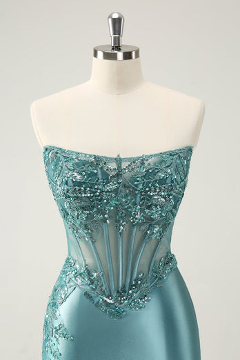 Glitter Peacock Bodycon Strapless Corset Appliques Graduation Dress