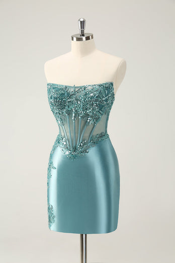 Glitter Peacock Bodycon Strapless Corset Appliques Graduation Dress