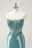 Load image into Gallery viewer, Glitter Peacock Bodycon Strapless Corset Appliques Graduation Dress