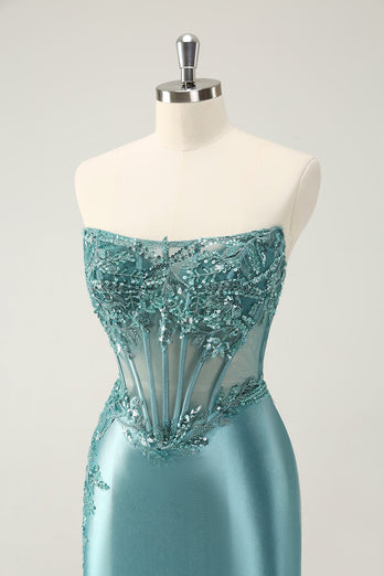 Glitter Peacock Bodycon Strapless Corset Appliques Graduation Dress