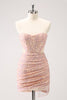 Load image into Gallery viewer, Blush Bodycon Strapless Hollow Out Sequins Ruched Graduation Dress with Tassel