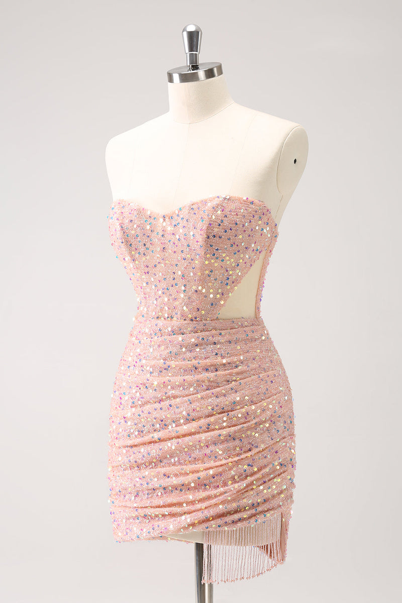 Load image into Gallery viewer, Blush Bodycon Strapless Hollow Out Sequins Ruched Graduation Dress with Tassel