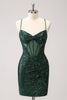 Load image into Gallery viewer, Dark Green Bodycon Spaghetti Straps Corset Short Graduation Dress with Sequins