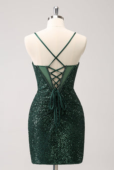 Dark Green Bodycon Spaghetti Straps Corset Short Graduation Dress with Sequins